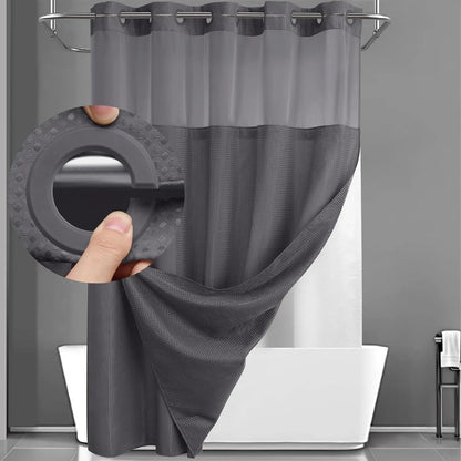 No Hook Shower Curtain with Snap-In Liner – Double Layer Waterproof Fabric Curtain, Washable Hotel Style Bath Curtain
