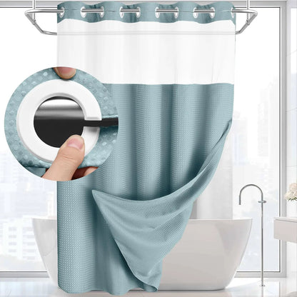 No Hook Shower Curtain with Snap-In Liner – Double Layer Waterproof Fabric Curtain, Washable Hotel Style Bath Curtain