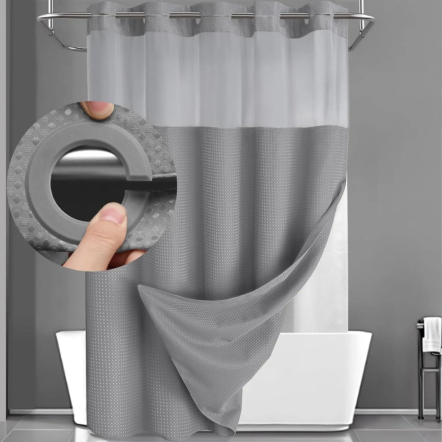 No Hook Shower Curtain with Snap-In Liner – Double Layer Waterproof Fabric Curtain, Washable Hotel Style Bath Curtain