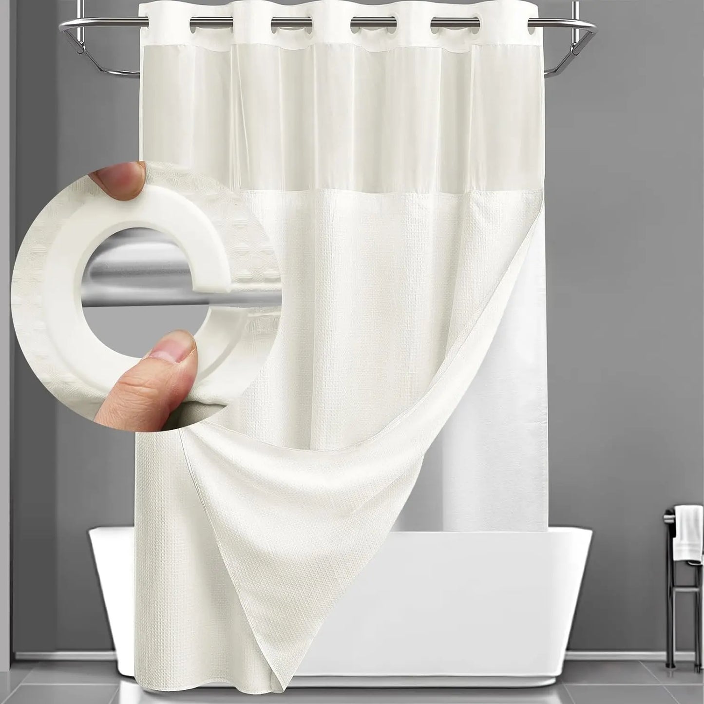 No Hook Shower Curtain with Snap-In Liner – Double Layer Waterproof Fabric Curtain, Washable Hotel Style Bath Curtain