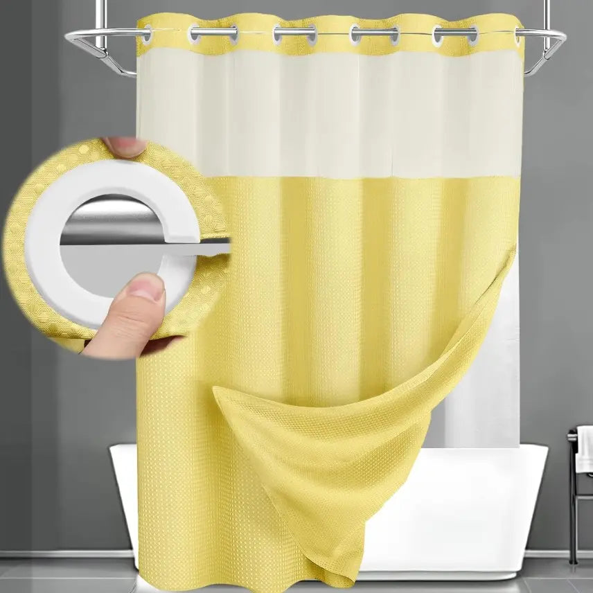 No Hook Shower Curtain with Snap-In Liner – Double Layer Waterproof Fabric Curtain, Washable Hotel Style Bath Curtain
